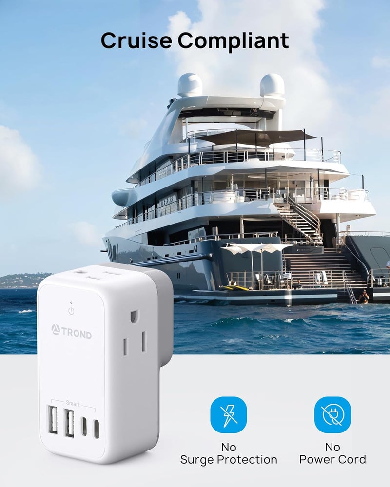 TROND Outlet Extender with 360 Rotating Plug, 3 AC Plug Splittet, Cruise Ship Essentials No Surge Protector with 4 USB Outlets, Compact for Carnival, Princess, Norwegian, MSC & Major Ship Lines - Image 4